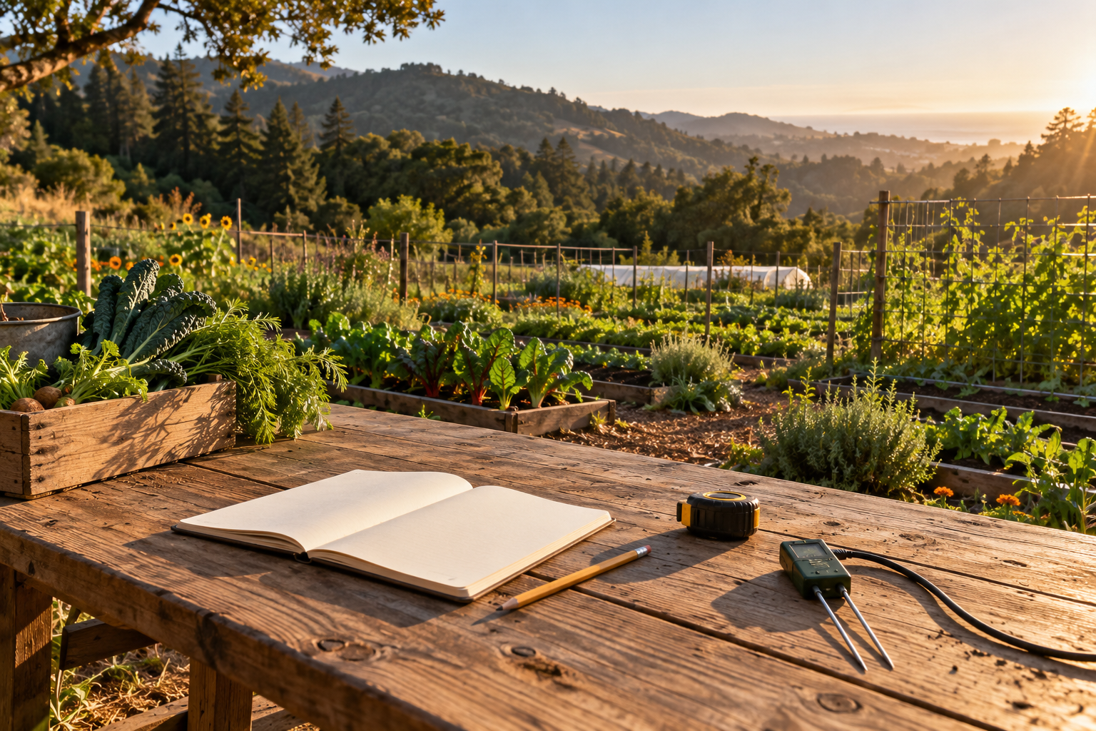 Illustrative coastal California farm with a notebook, tape measure, and soil sensor on a timber table